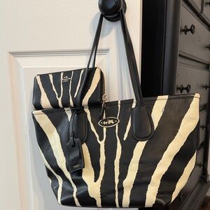 Coach Zebra Print zippered tote in Black and White with matching wallet